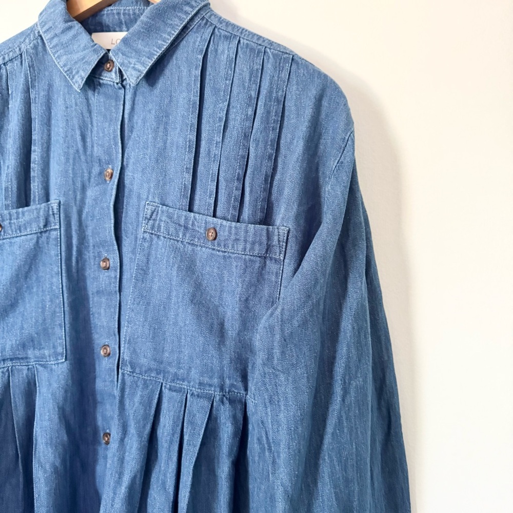LOFT Denim Pleated Button Front Shirt Dress Size M - Picture 2 of 12